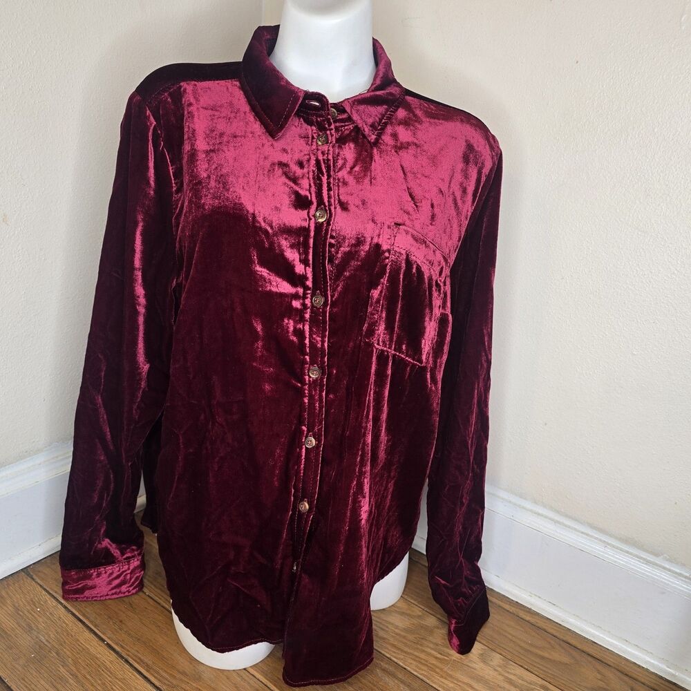 Maeve Anthropologie US 12 Wine Red Velvet Button Up Top Romantic Whimsygoth